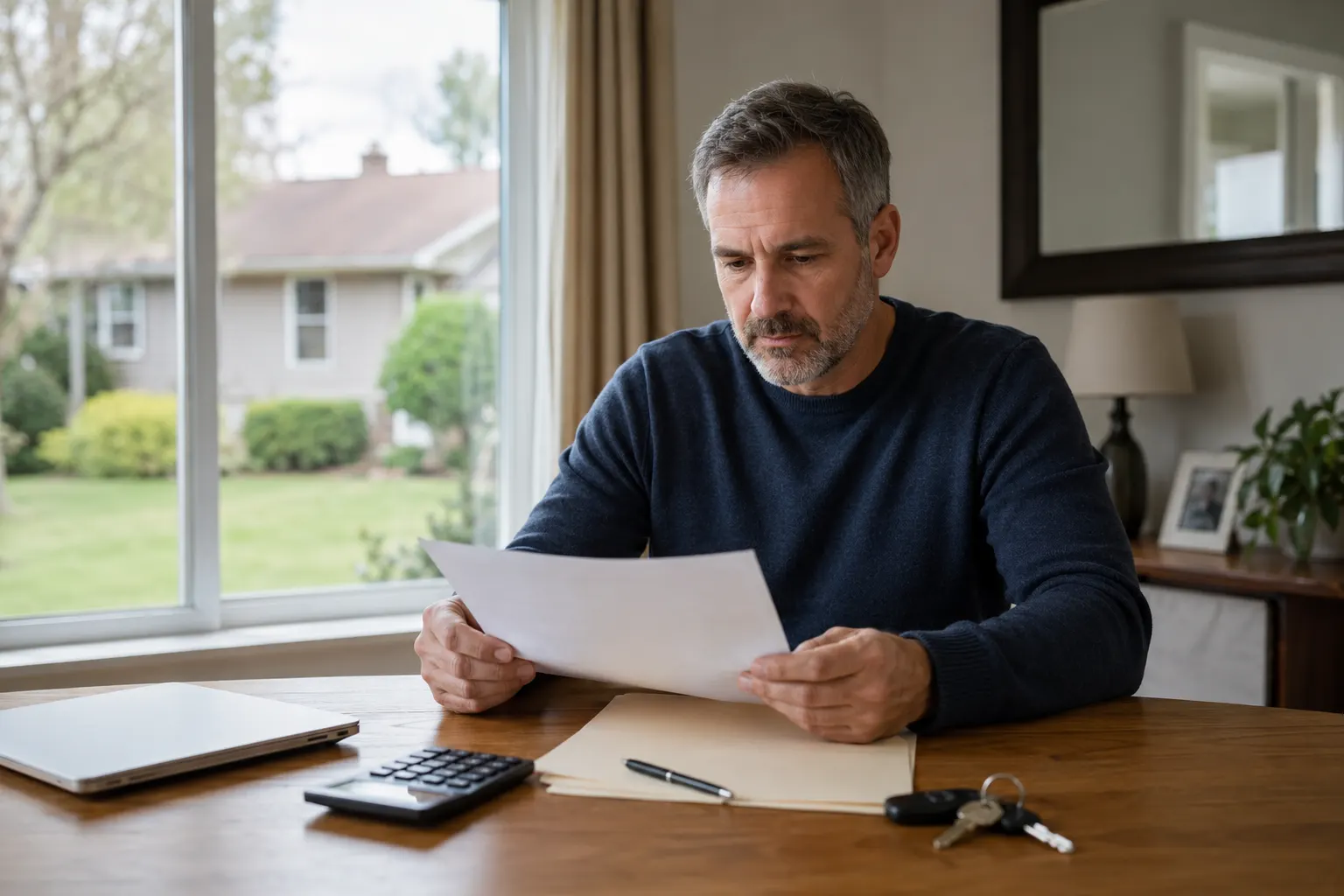 Homeowner reviewing closing and tax documents after selling a house.