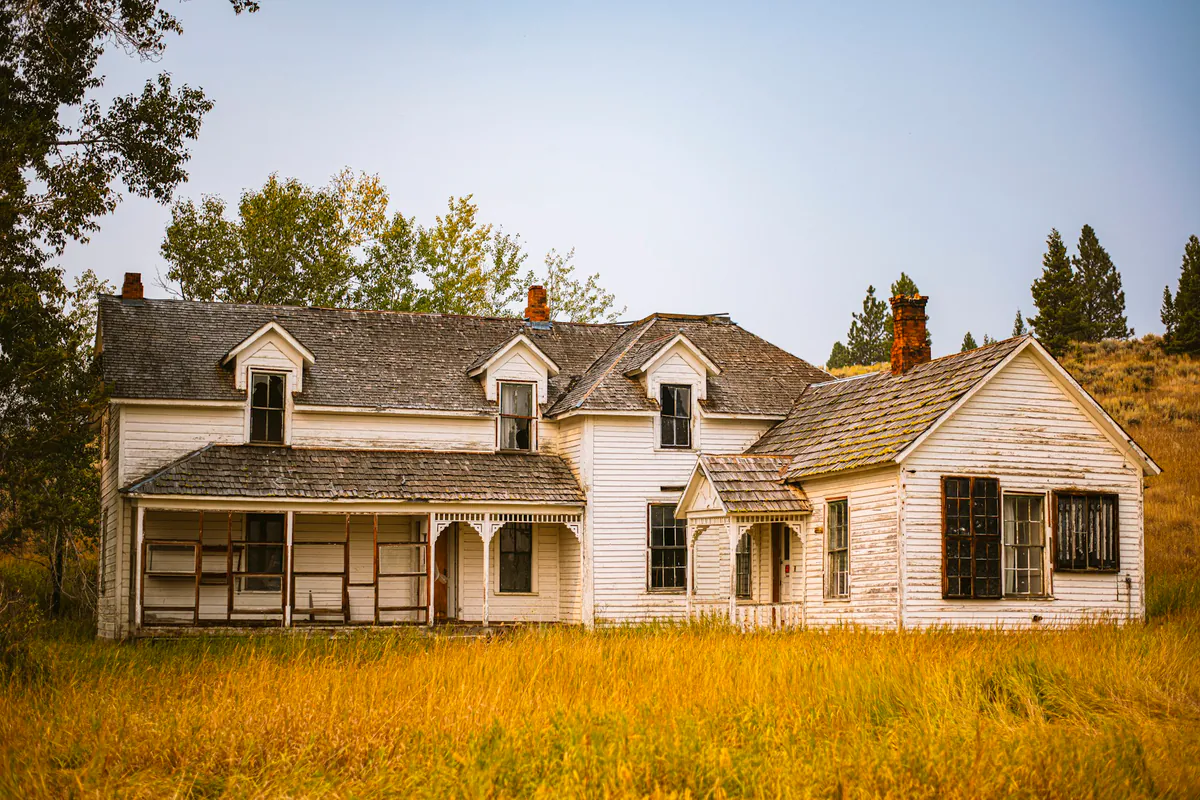 Weathered white Texas farmhouse standing in an overgrown field